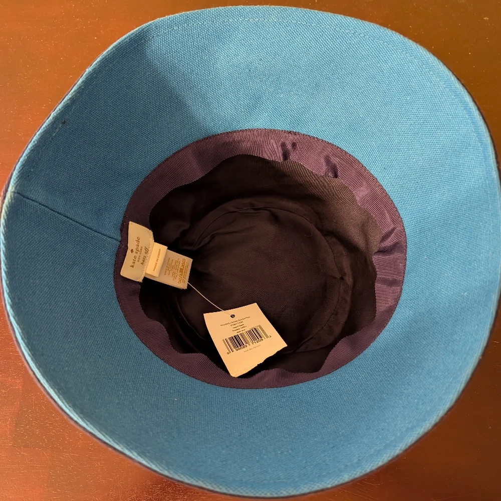 NWT Kate Spade Hats Off Bucket Hat Bonded Canvas Navy Blue Tan Leather Trim - Picture 6 of 12